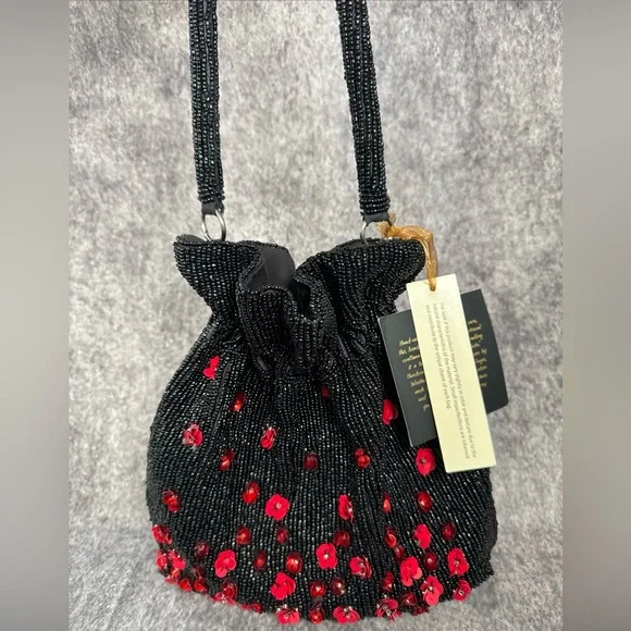New From India to You black beaded red sequin flowers clutch purse bag Viral - Picture 2 of 5